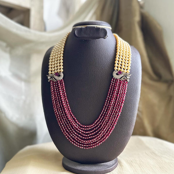 Victorian Peacock Crystal Pearl mala - Ruby