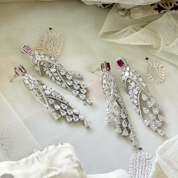 Rain drops long silver CZ earrings