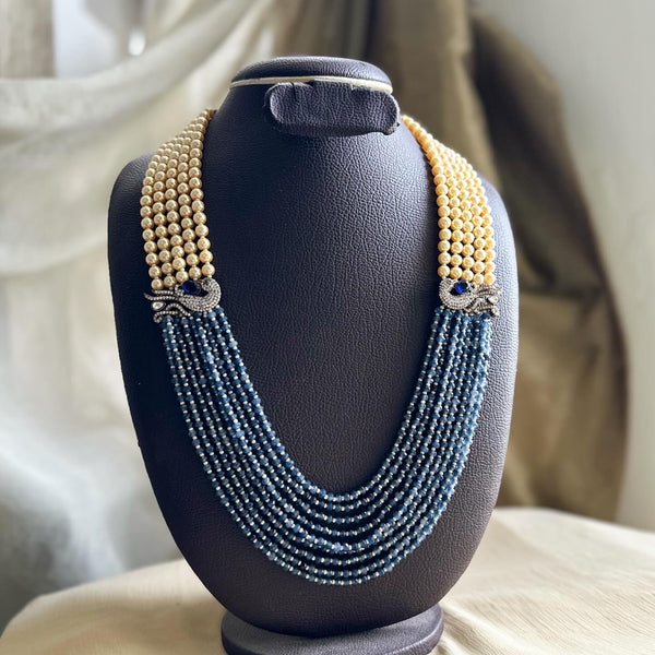 Victorian Peacock Crystal Pearl mala - Blue