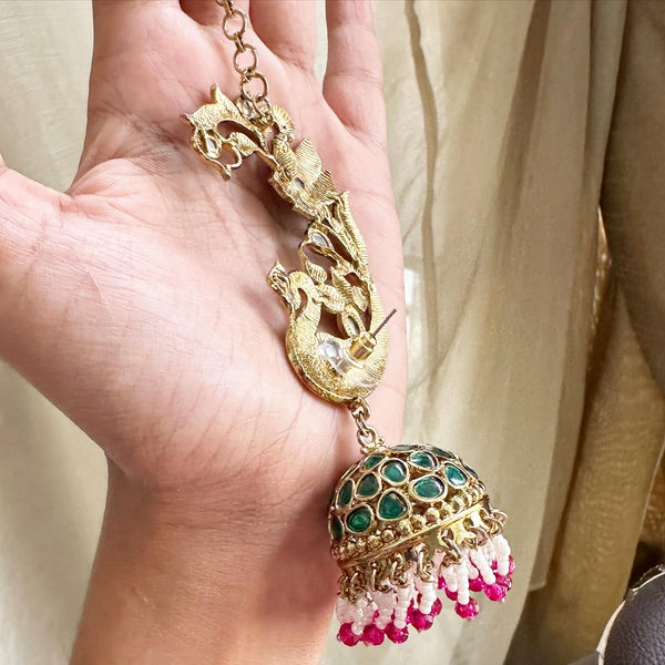 Peacock Polki Ear-cuff jumkhas with side chain - Adorna