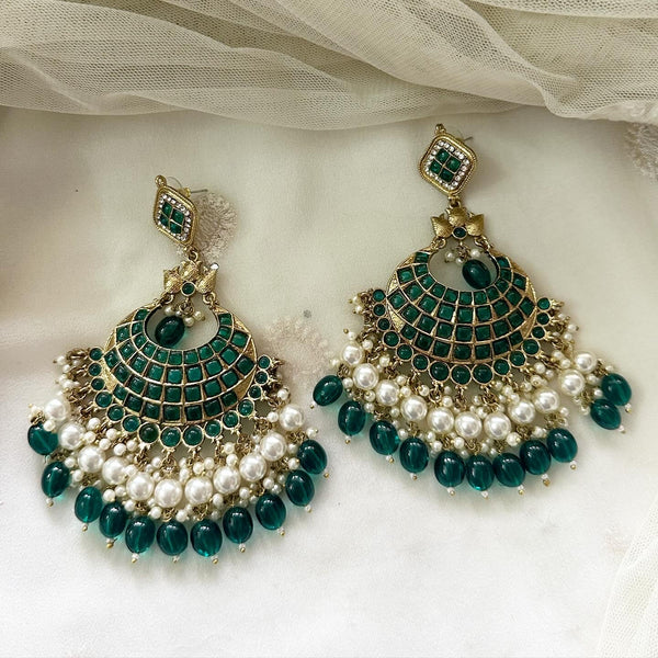 Polki Kundan Pearl long earrings - Full Green