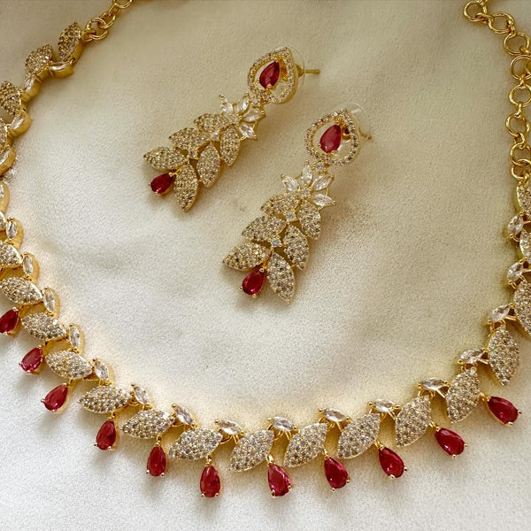 Gold AD CZ Leaf Ruby Teardrop short set - Adorna