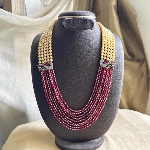 Victorian Peacock Crystal Pearl mala - Ruby