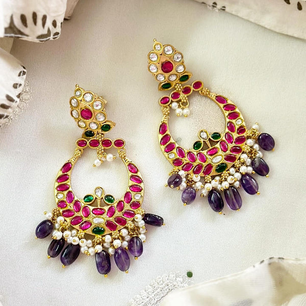 Kundan Jadau Ruby-Purple long earrings (screw type)