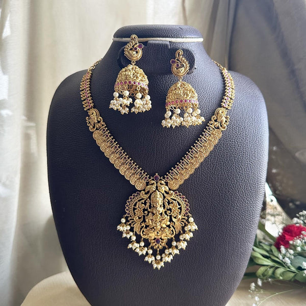 Antique matte Kemp studded Lakshmi coin spike short haaram set