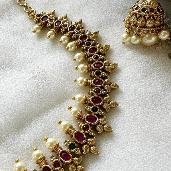Antique Oval floral spring pearl short set - Ruby-Green - Adorna