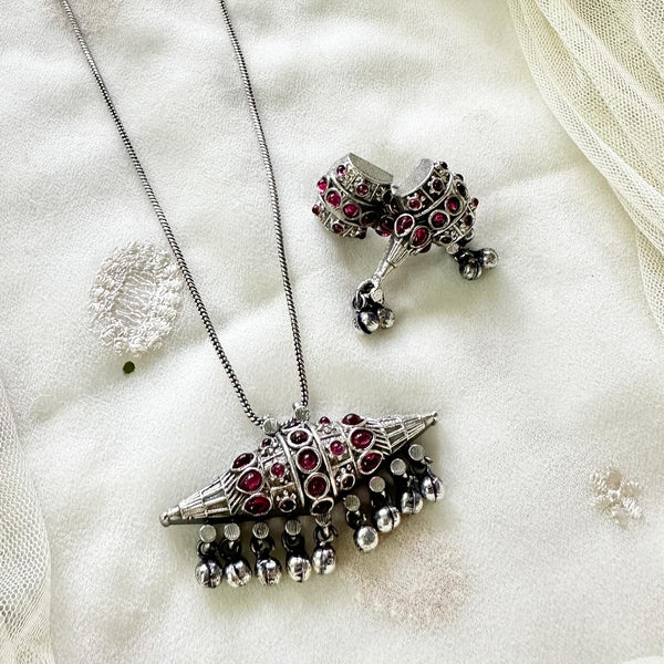 Silver pendant long chain set - Ruby - Adorna
