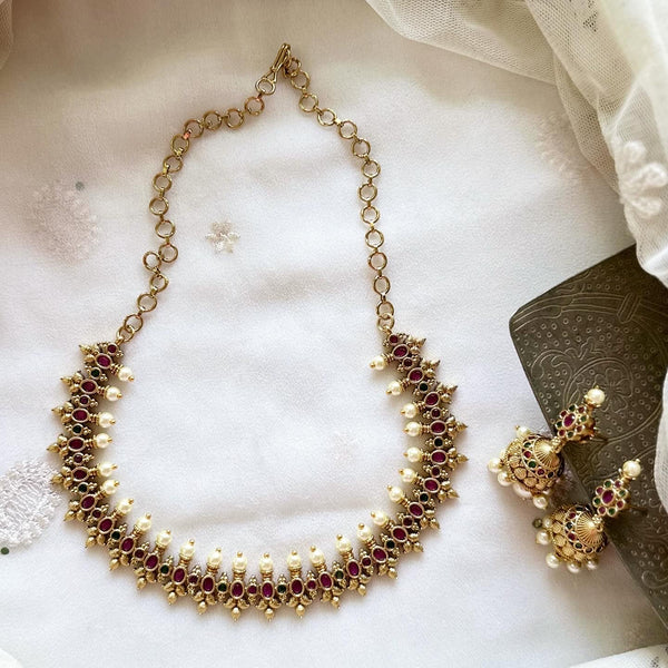 Antique Oval floral spring pearl short set - Ruby-Green - Adorna