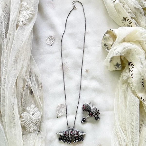 Silver pendant long chain set - Ruby - Adorna