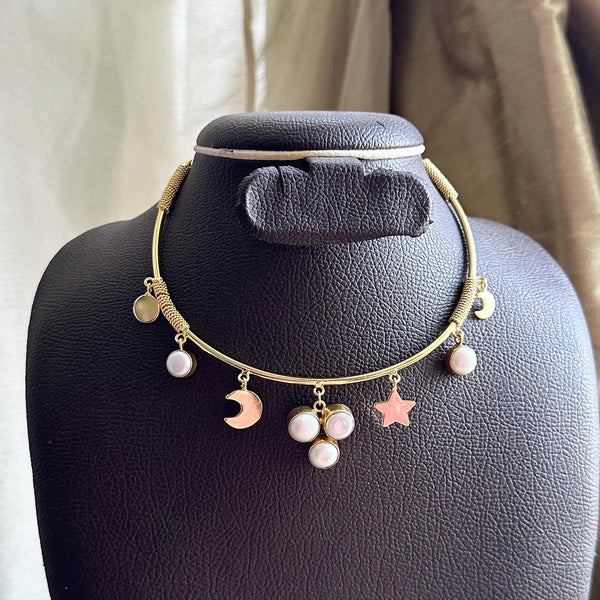 Tri-Pearl & Moon drop hasli neckpiece - Adorna