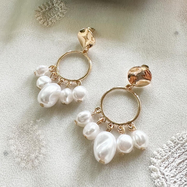 Gold beaten stud pearl drop earrings