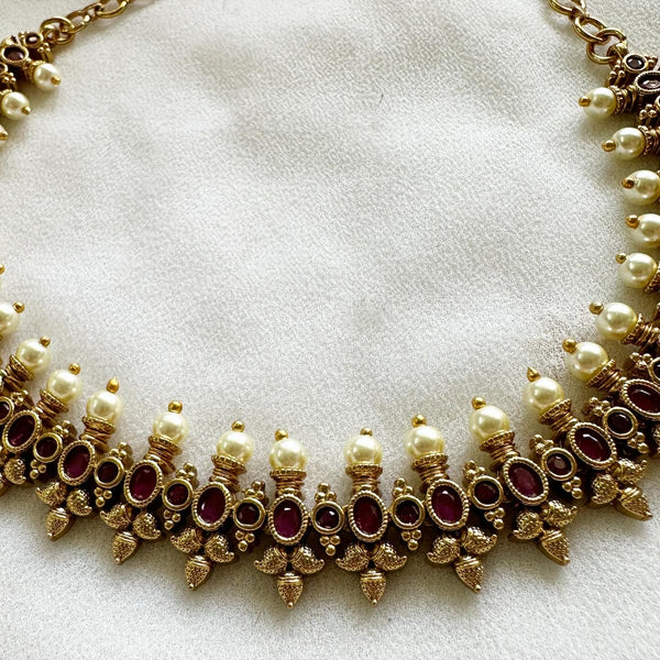 Antique Oval floral spring pearl short set - Full Ruby - Adorna