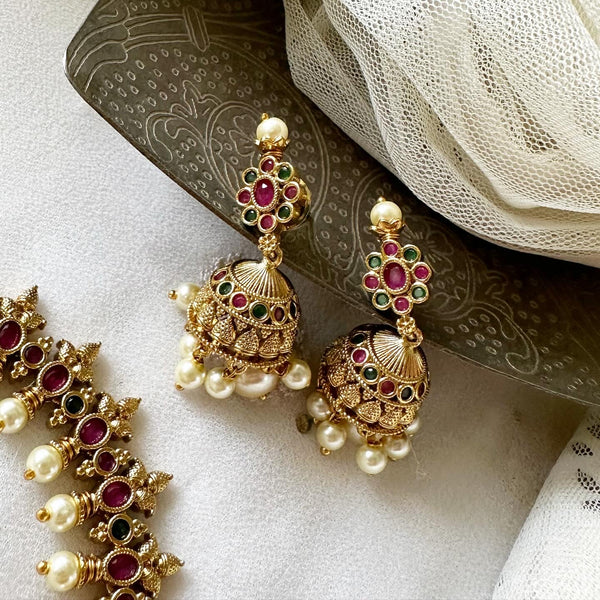 Antique Oval floral spring pearl short set - Ruby-Green - Adorna