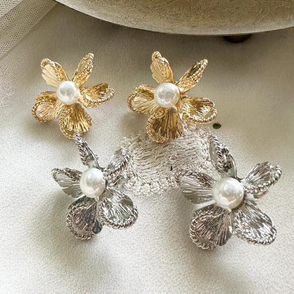 2-face petals pearl-flower ear studs