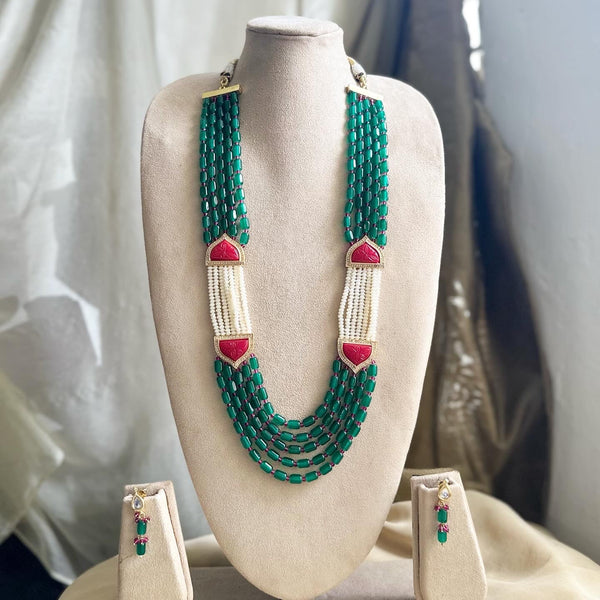 Mughal pearl mogappu Green mala set - Adorna