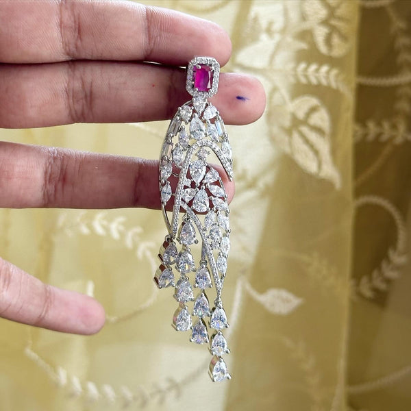 Rain drops long silver CZ earrings