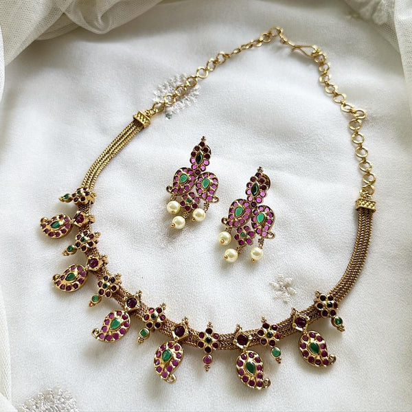 Antique Paisley spike attigai short set - Ruby-Green - Adorna