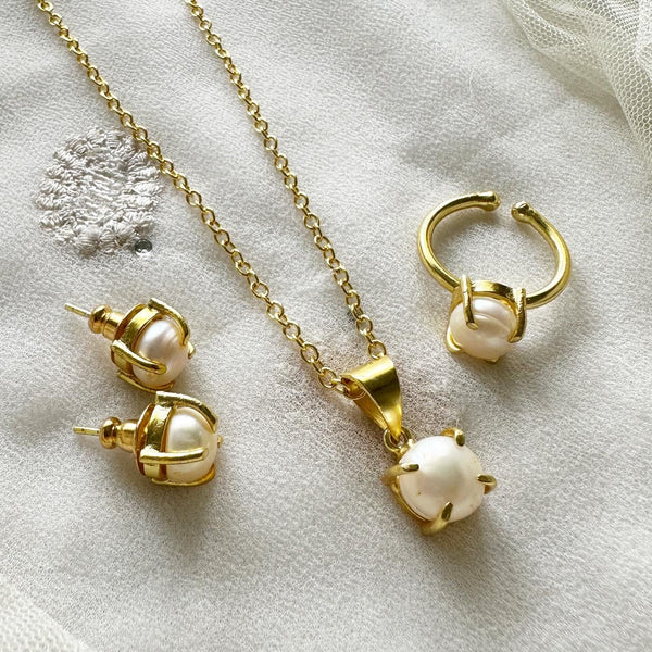Single pearl combo set - necklace, earrings & finger ring - Adorna
