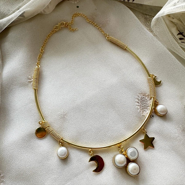 Tri-Pearl & Moon drop hasli neckpiece - Adorna