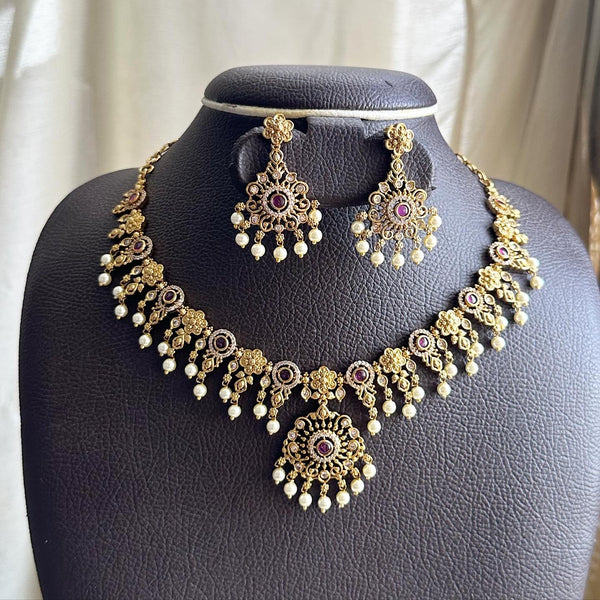 Antique matte CZ floral Ruby buttons short set