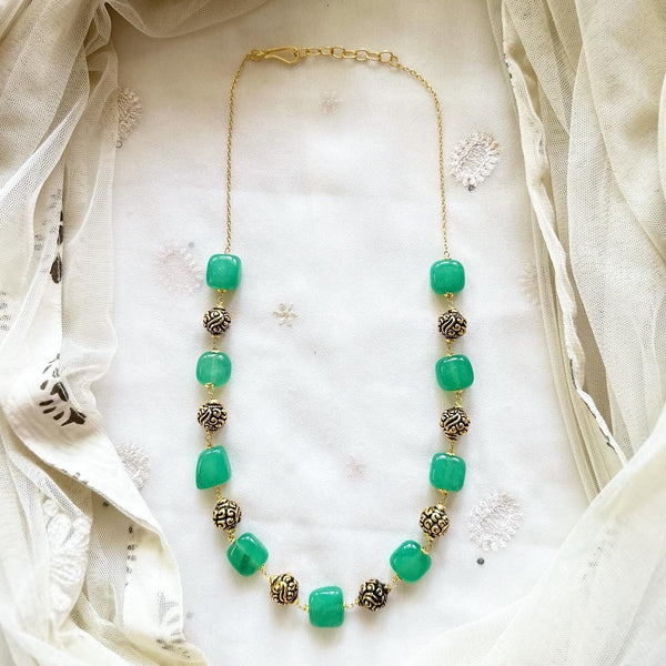 Antique gold, Green square bead mala - 20 inch - Adorna