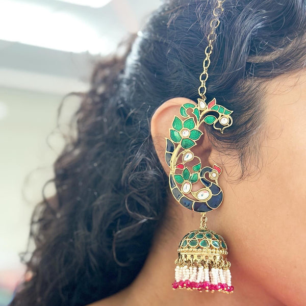 Peacock Polki Ear-cuff jumkhas with side chain - Adorna