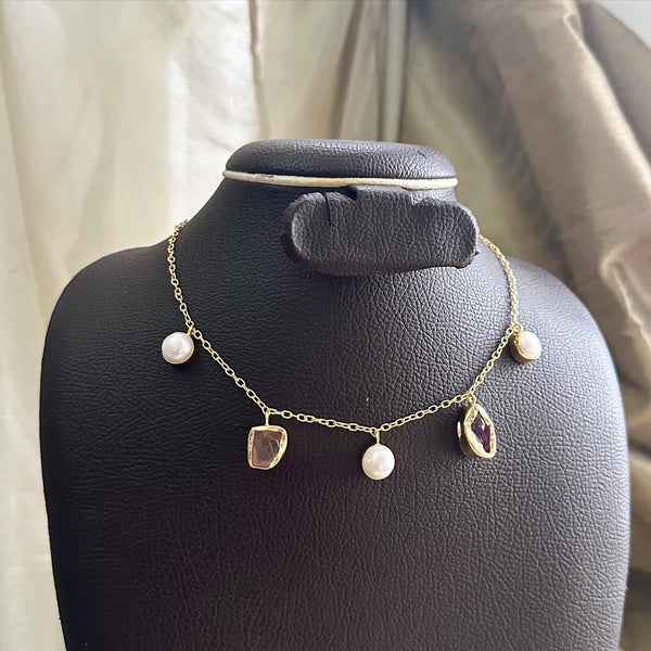 Purplish Melancholy - Raw stone & Pearl drops necklace
