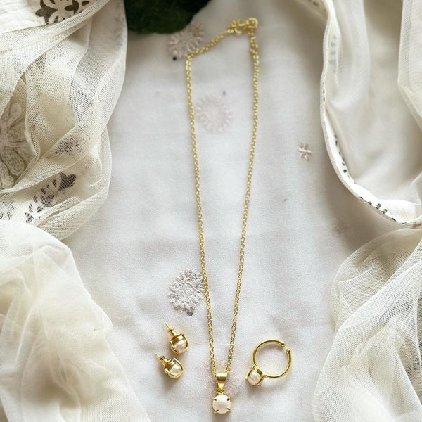 Single pearl combo set - necklace, earrings & finger ring - Adorna