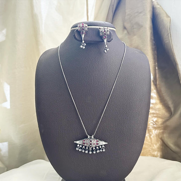 Silver pendant long chain set - Ruby - Adorna