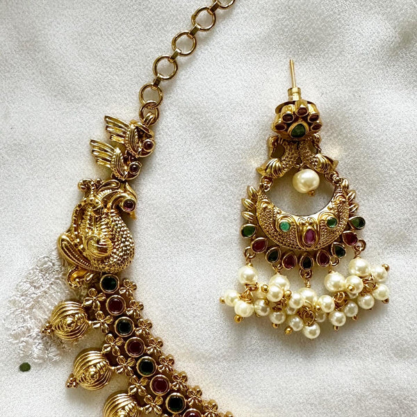 Antique peacock mottu drops short set - Ruby-Green - Adorna