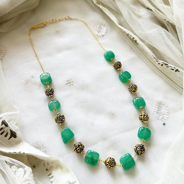 Antique gold, Green square bead mala - 20 inch - Adorna