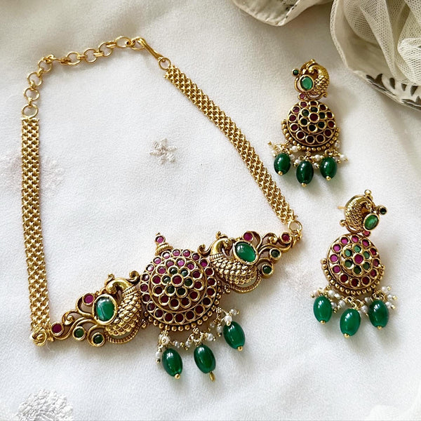 Matte kemp chakra peacock choker set - Green bead - Ruby-Green - Adorna