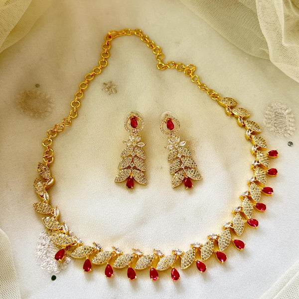Gold AD CZ Leaf Ruby Teardrop short set - Adorna