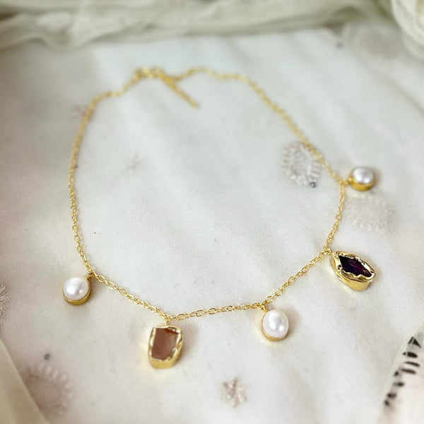 Purplish Melancholy - Raw stone & Pearl drops necklace
