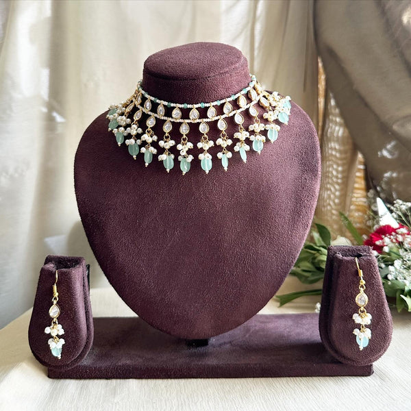 Tear drop polki kundan delicate pastel green beaded choker set
