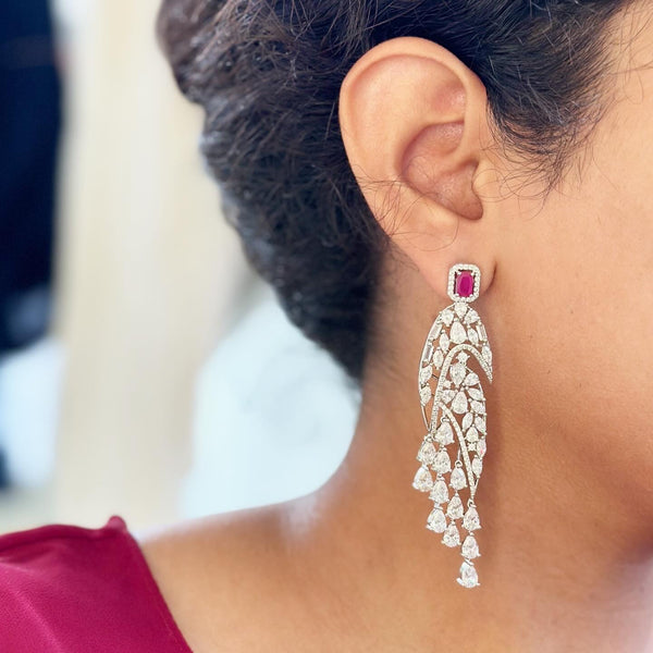 Rain drops long silver CZ earrings