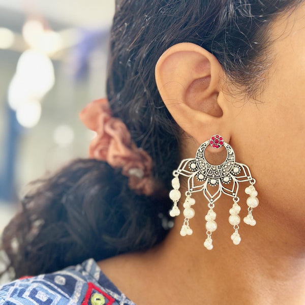 Chand-Petals pearl drop studs - Silver