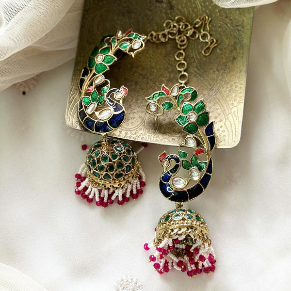 Peacock Polki Ear-cuff jumkhas with side chain - Adorna