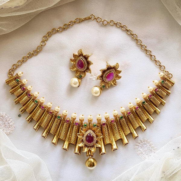 Antique matte sun flower striped pipe Choker set - Multi - Adorna