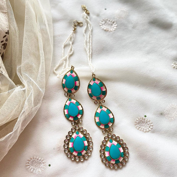 Polki kundan 3 tier-tear drops earrings - Blue - Adorna