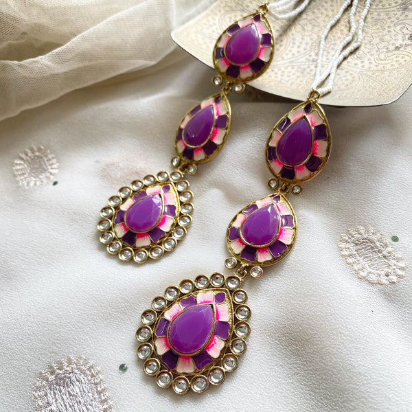 Polki kundan 3 tier-tear drops earrings - Purple - Adorna