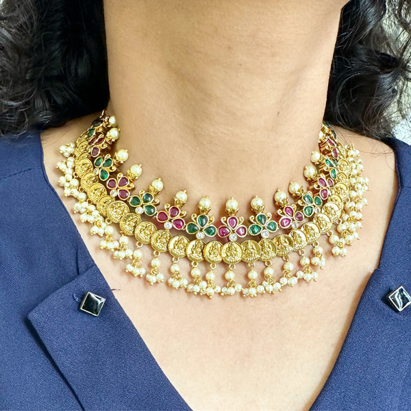 Antique Lakshmi coin three petal pearl short set
