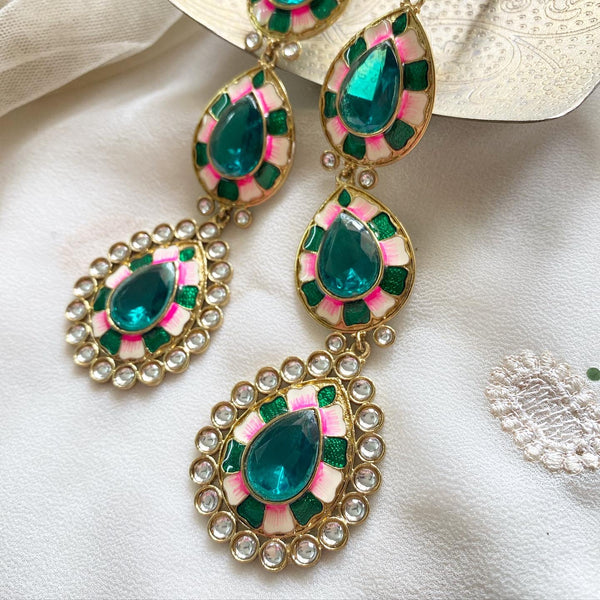 Polki kundan 3 tier-tear drops earrings - Teal much? - Adorna