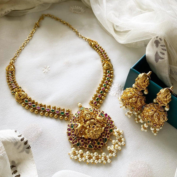 Antique matte kemp Lakshmi Peacock short mala set - Adorna