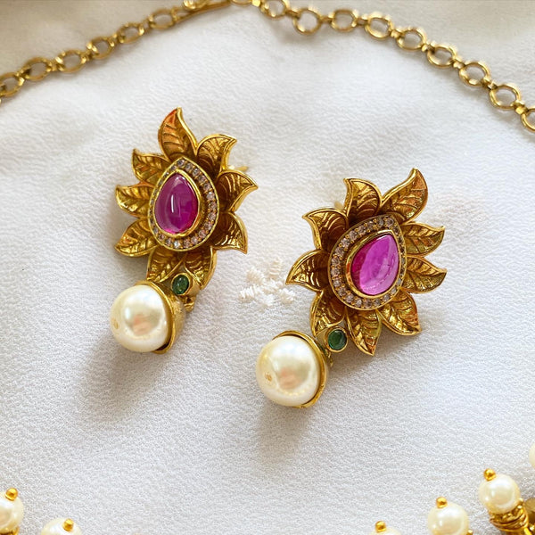 Antique matte sun flower striped pipe Choker set - Multi - Adorna