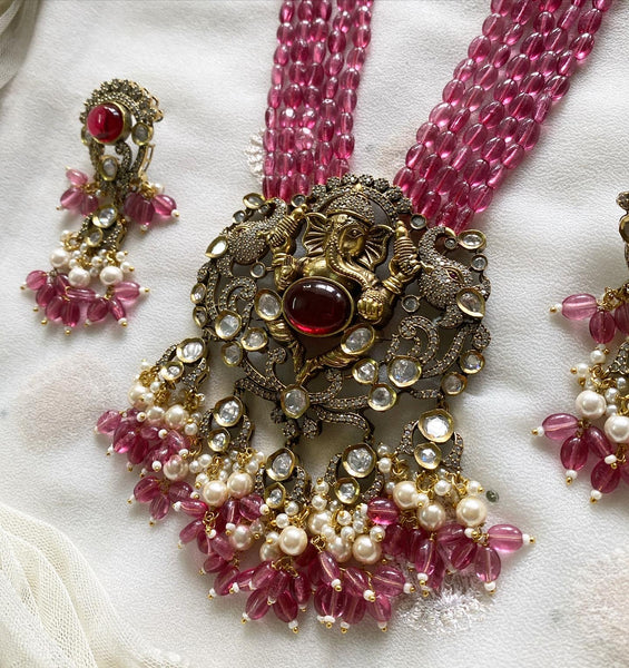 Ganesha polki kundan beaded jewellery - Ruby Pink - Adorna