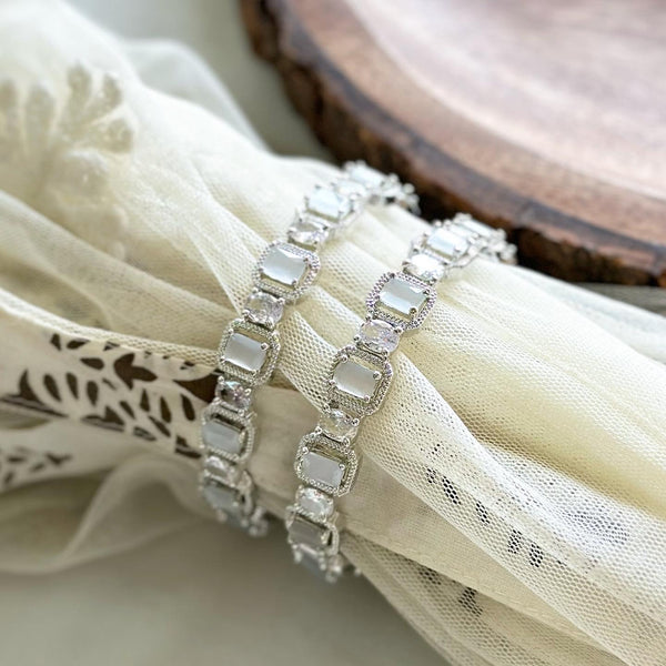 Silver rectangle diamond bangles - set of 2 - Milky white - Adorna