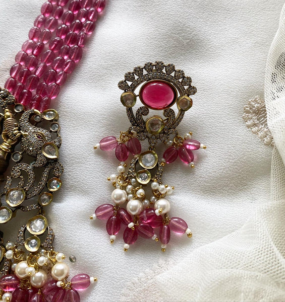 Ganesha polki kundan beaded jewellery - Ruby Pink - Adorna