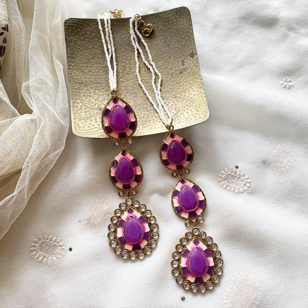 Polki kundan 3 tier-tear drops earrings - Purple - Adorna