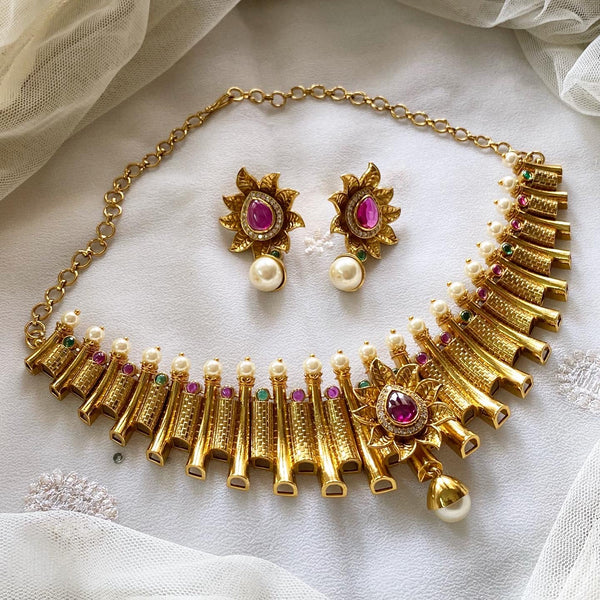 Antique matte sun flower striped pipe Choker set - Multi - Adorna
